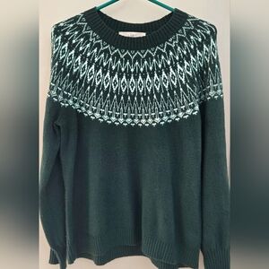 LOFT Dark Green Crewneck Sweater with White Nordic Yoke